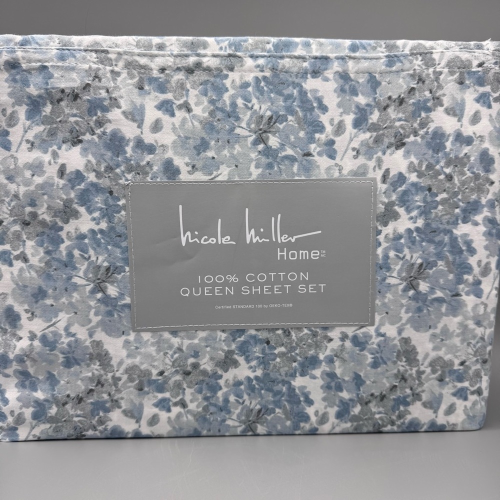 4pc Nicole Miller Blue Gray Floral Hydrangea QUEEN Sheet Set 100% Cotton X Deep